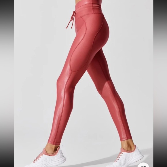 Carbon38 Drawstring Paneled Leggings In Clay Athletic Gloss Shine - Picture 1 of 7